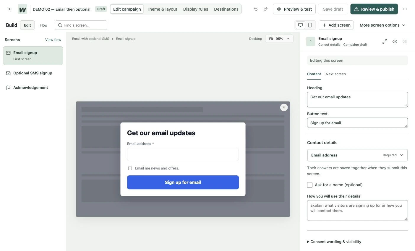 WConvert’s campaign editor showing editable form content beside the campaign preview